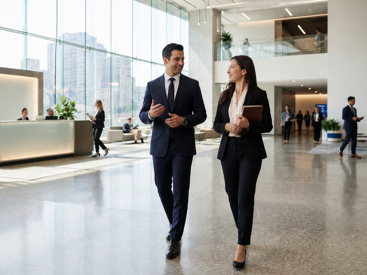 Two professionals walking through a modern office lobby