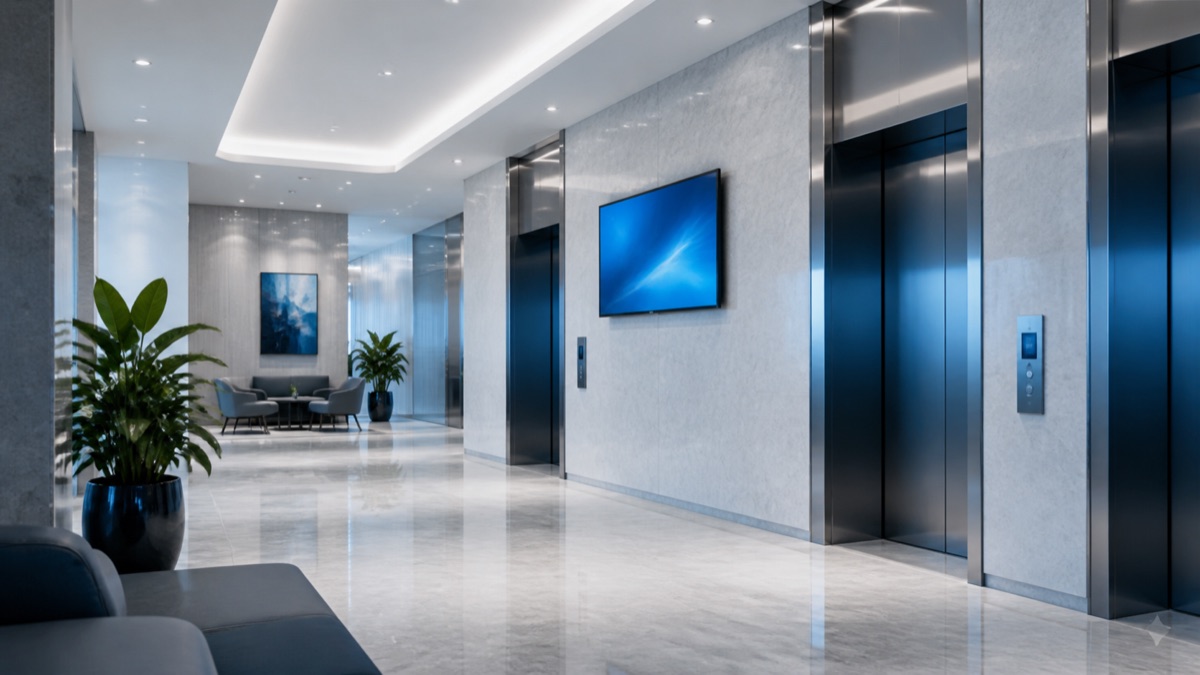 Residential elevator lobby with indoor media screen