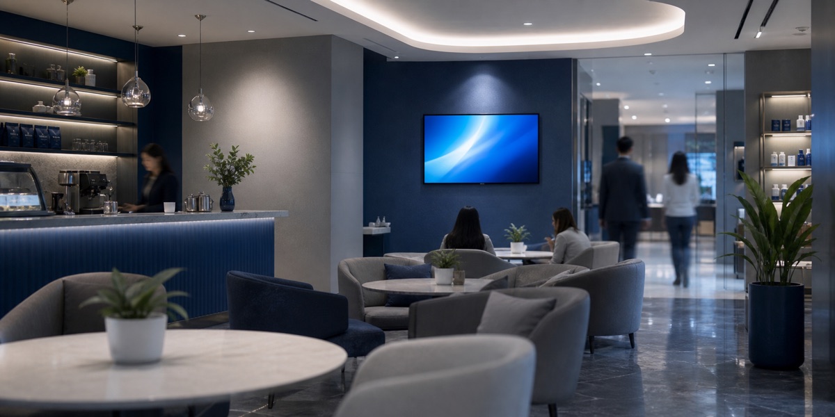 Indoor lifestyle tenant lounge with digital media presence
