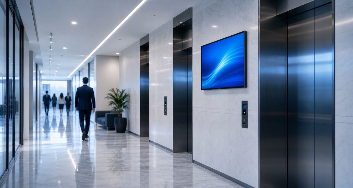 Office elevator corridor with people moving through the workday