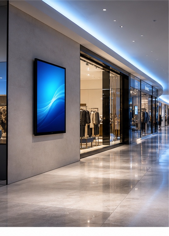 Digital screen installed along a retail walkway