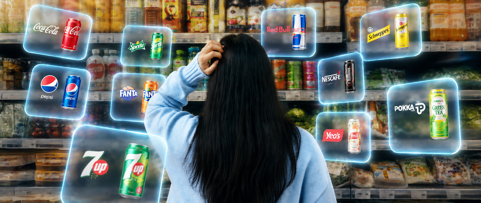A shopper considering familiar beverage brands