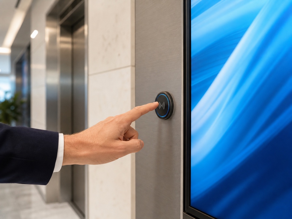 Indoor digital media screen representing TMN audience measurement and interaction research